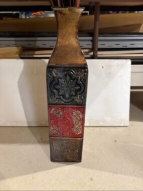 Decorative Tall Metal Floor Vase with Embossed Tile Panels - Black, Red, Brown